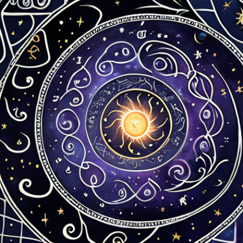 Home 4 **Prompt:** "A mystical, swirling galaxy with astrological symbols intertwined with hand-drawn lines, representing fate and destiny. Emphasize Urdu calligraphy elements."