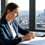 A professional woman in a modest business suit, sitting at a clean, modern desk in a sunlit office. She is calmly reviewing documents with a thoughtful and satisfied expression, symbolizing career alignment and inner peace. The background shows a panoramic city view, hinting at future possibilities. fully clothed, appropriate attire, safe for work, perfect anatomy, correct proportions, natural pose, well-formed hands, proper finger count, natural body proportions, professional photography, high quality, family-friendly content.