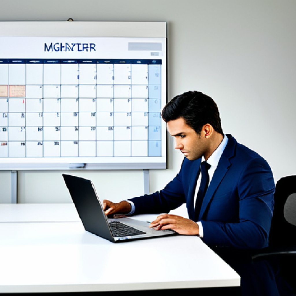 A focused professional man, dressed in a modest business suit, sitting upright at a clean, modern office desk. He is intently viewing a digital calendar and task list on his laptop screen, with a neatly arranged desk organizer and a classic desk clock nearby. The background features a blurred, professional office environment with soft, ambient lighting, emphasizing efficiency and structured time management. Perfect anatomy, correct proportions, natural pose, well-formed hands, proper finger count, natural body proportions, professional photography, high quality, safe for work, appropriate content, fully clothed, professional dress.