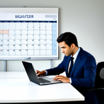A focused professional man, dressed in a modest business suit, sitting upright at a clean, modern office desk. He is intently viewing a digital calendar and task list on his laptop screen, with a neatly arranged desk organizer and a classic desk clock nearby. The background features a blurred, professional office environment with soft, ambient lighting, emphasizing efficiency and structured time management. Perfect anatomy, correct proportions, natural pose, well-formed hands, proper finger count, natural body proportions, professional photography, high quality, safe for work, appropriate content, fully clothed, professional dress.