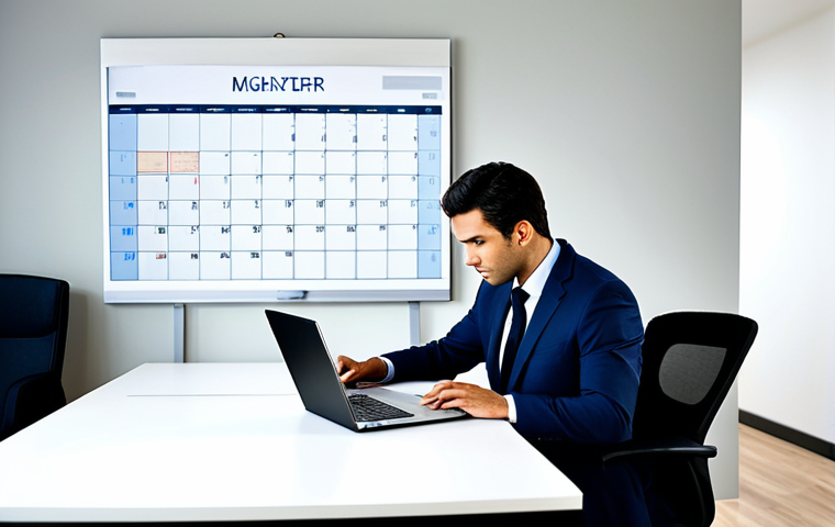 A focused professional man, dressed in a modest business suit, sitting upright at a clean, modern office desk. He is intently viewing a digital calendar and task list on his laptop screen, with a neatly arranged desk organizer and a classic desk clock nearby. The background features a blurred, professional office environment with soft, ambient lighting, emphasizing efficiency and structured time management. Perfect anatomy, correct proportions, natural pose, well-formed hands, proper finger count, natural body proportions, professional photography, high quality, safe for work, appropriate content, fully clothed, professional dress.
