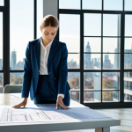 **

A professional female architect in a modern, light-filled office, fully clothed in a modest business outfit (dress pants, blouse, blazer). She is reviewing blueprints at a large table. Background: Cityscape visible through large windows.  Perfect anatomy, correct proportions, well-formed hands, natural pose.  Safe for work, appropriate content, professional, family-friendly.

**