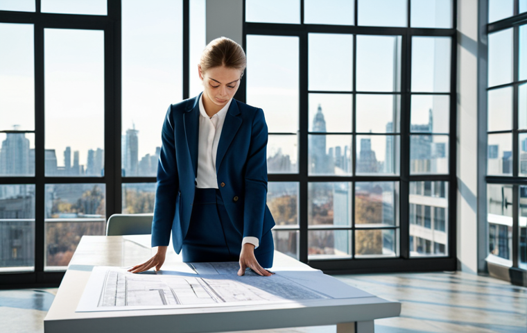 **
A professional female architect in a modern, light-filled office, fully clothed in a modest business outfit (dress pants, blouse, blazer). She is reviewing blueprints at a large table. Background: Cityscape visible through large windows. Perfect anatomy, correct proportions, well-formed hands, natural pose. Safe for work, appropriate content, professional, family-friendly.
**
